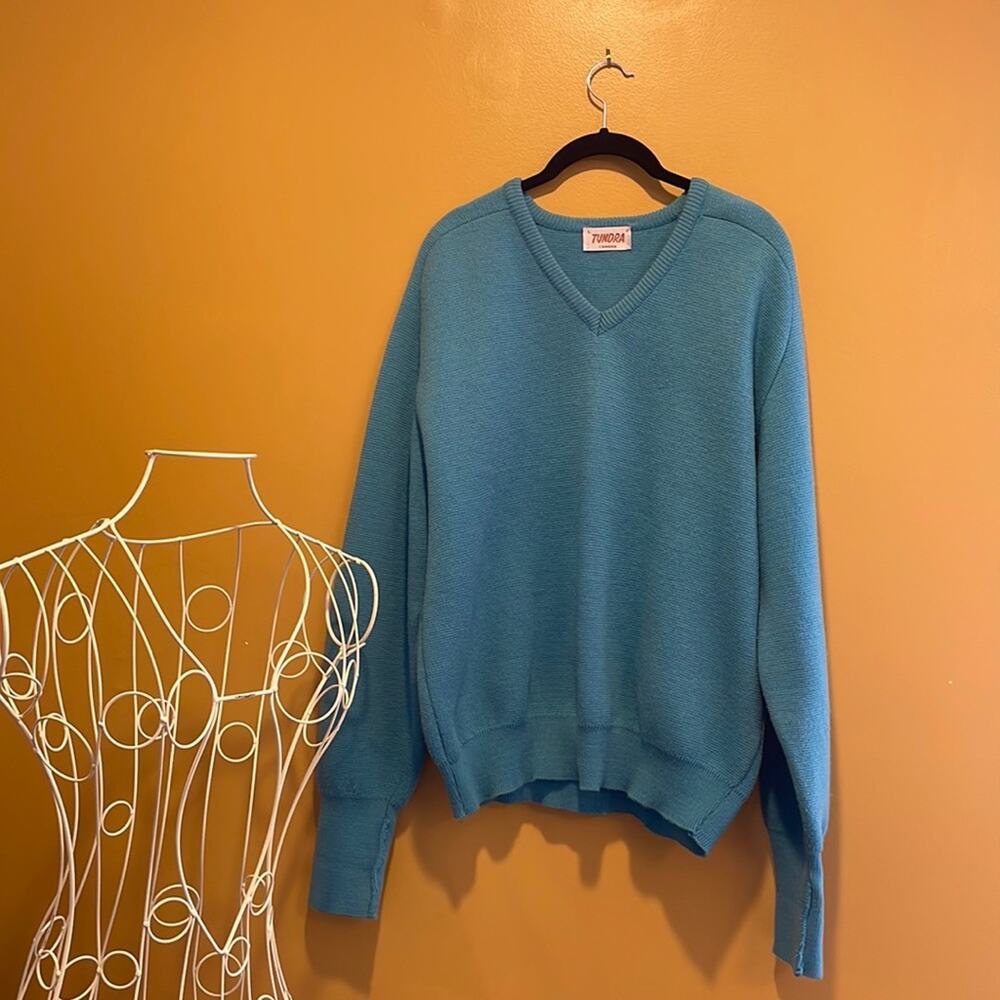 Vintage Tundra wool v-neck sweater teal blue Large L